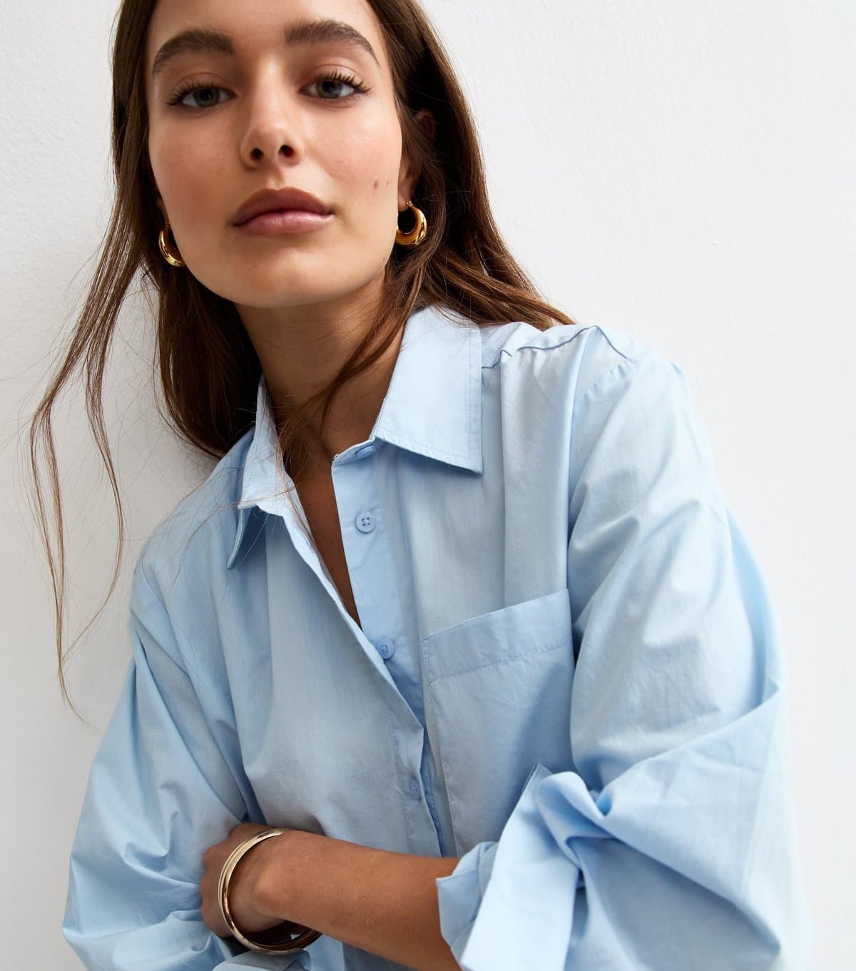 New Look Women's Light Blue Poplin Curved Hem Shirt New Look