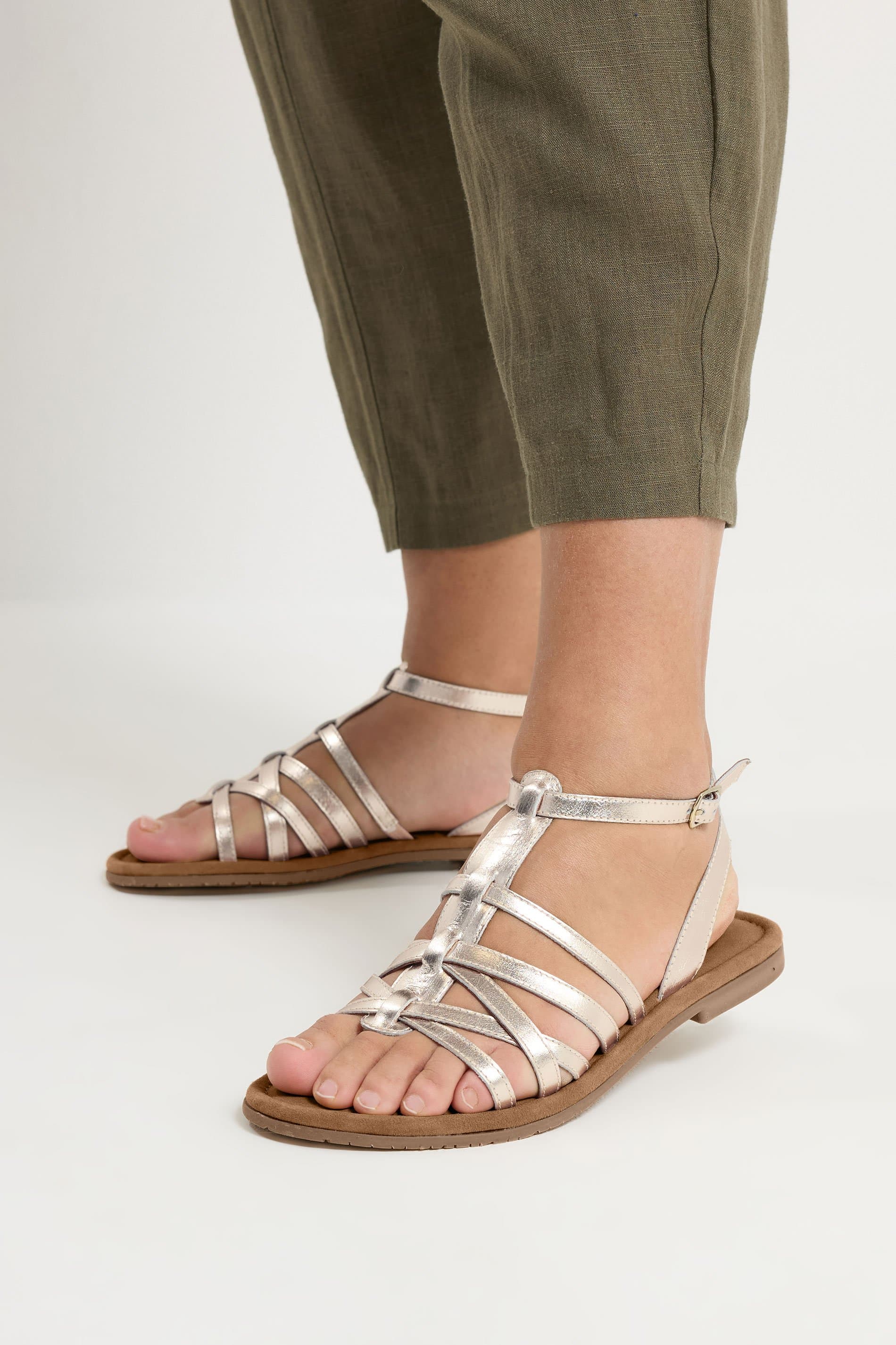 Yours Gold Faux Leather Gladiator Sandals In Extra Wide E Fit