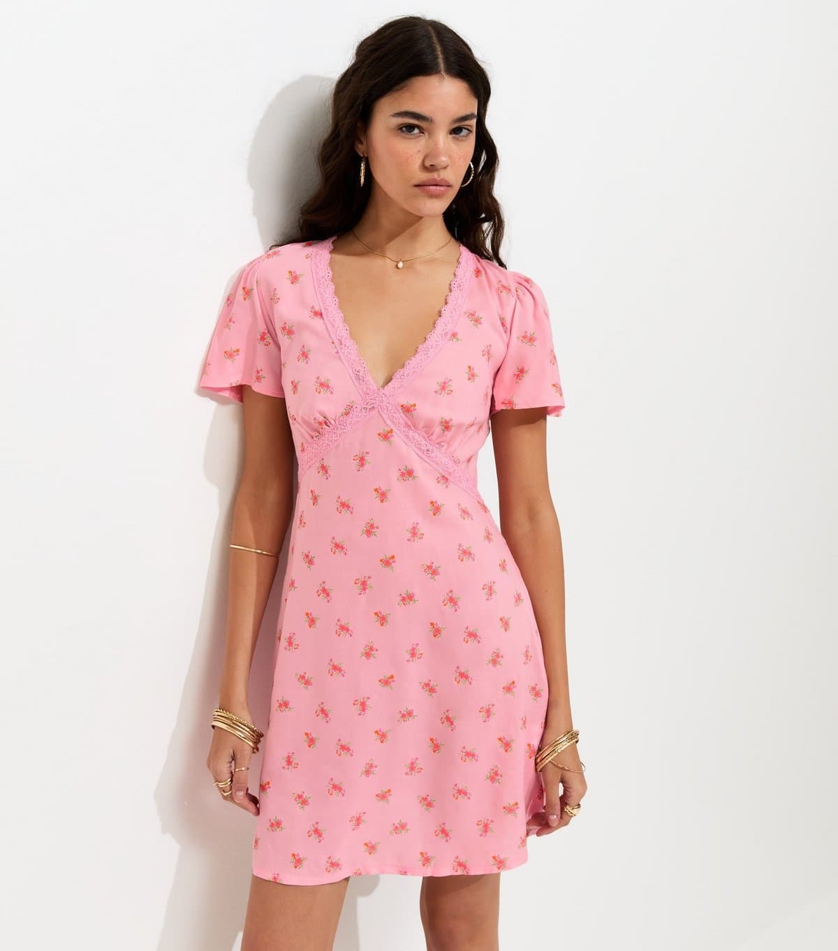 New Look Women's Pink Ditsy Print Lace Trim V-Neck Mini Dress New Look