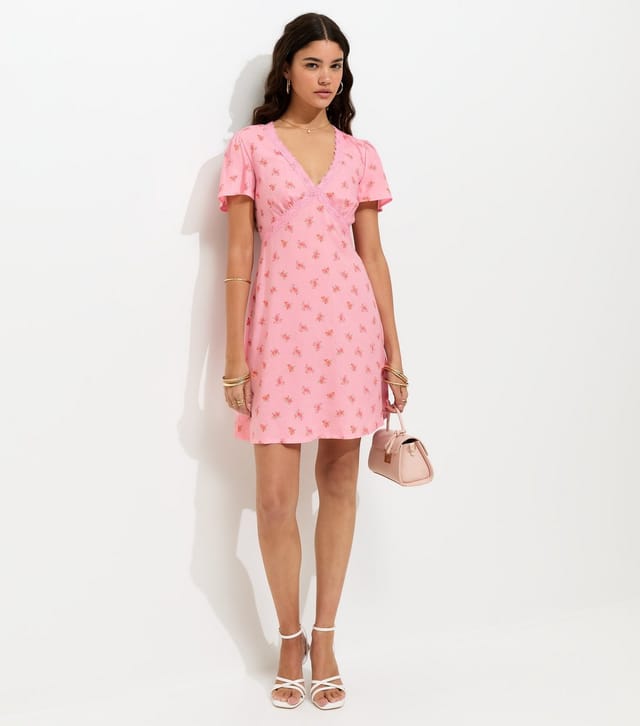 New Look Women's Pink Ditsy Print Lace Trim V-Neck Mini Dress New Look - 2