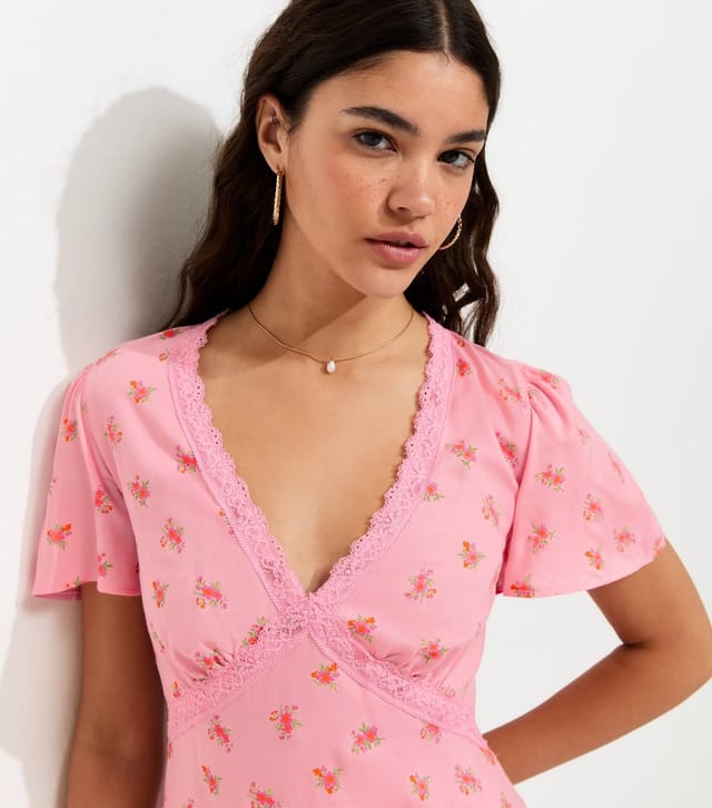 New Look Women's Pink Ditsy Print Lace Trim V-Neck Mini Dress New Look - 3