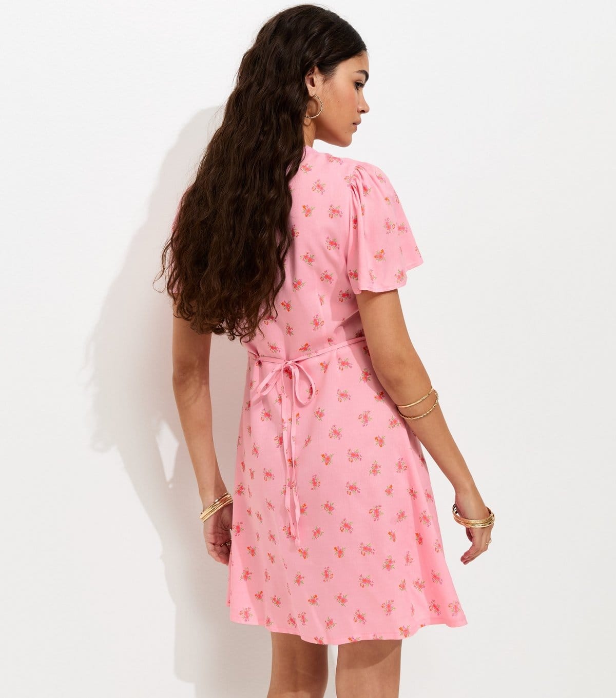 New Look Women's Pink Ditsy Print Lace Trim V-Neck Mini Dress New Look - 4