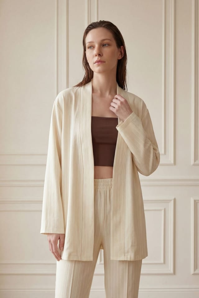 MyFashion MyFashion Women's Striped Two-Piece Co-Ord Set with Open Collar in Beige - 3