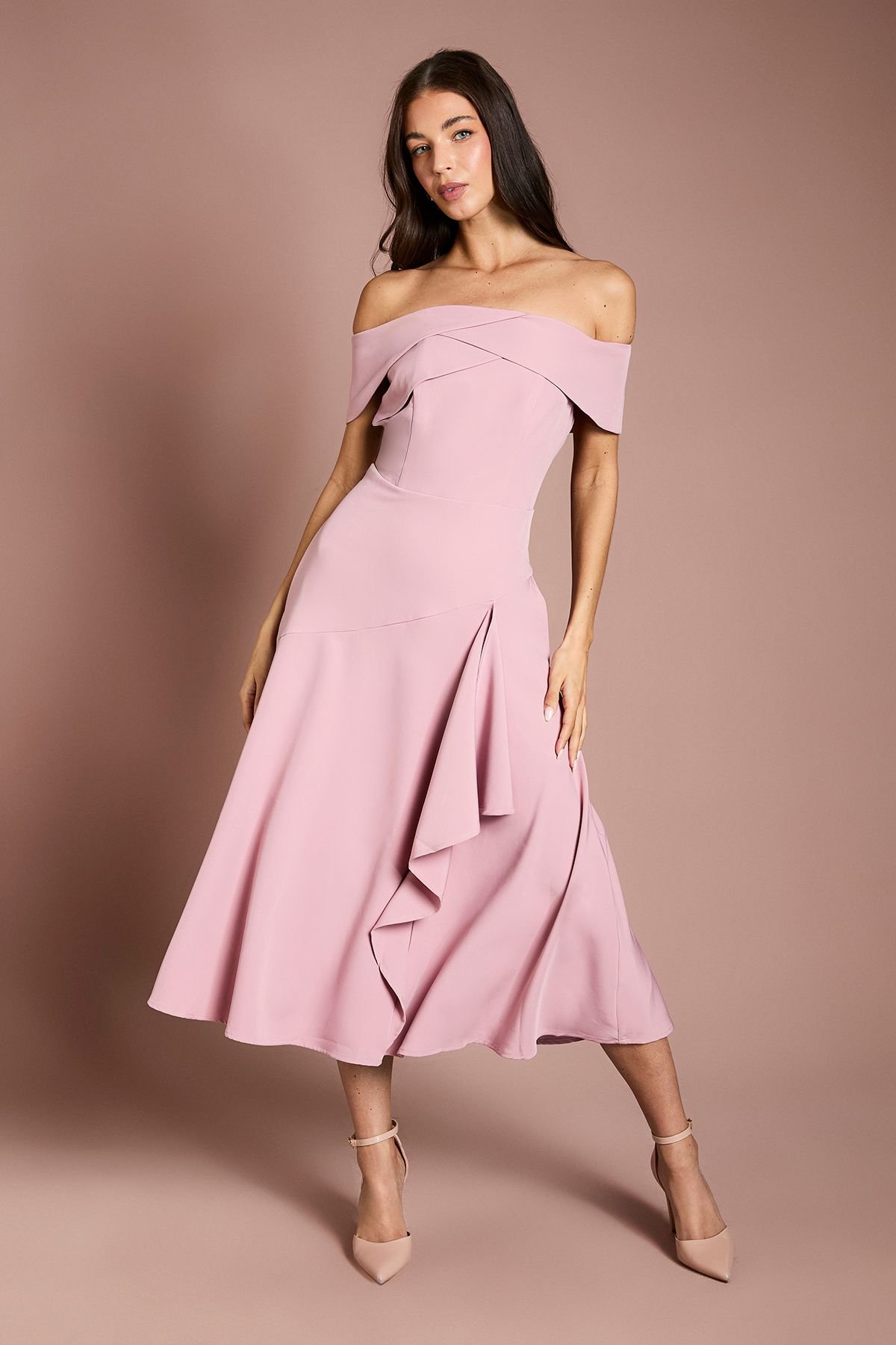 Coast Coast Women's Bardot Waterfall Crepe Midi Dress in Pink - 1