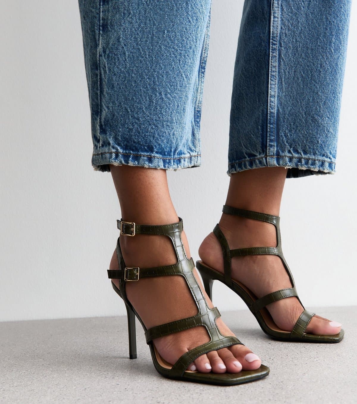 New Look Women's Dark Green Gladiator Strap Stiletto Heel Sandals Vegan New Look