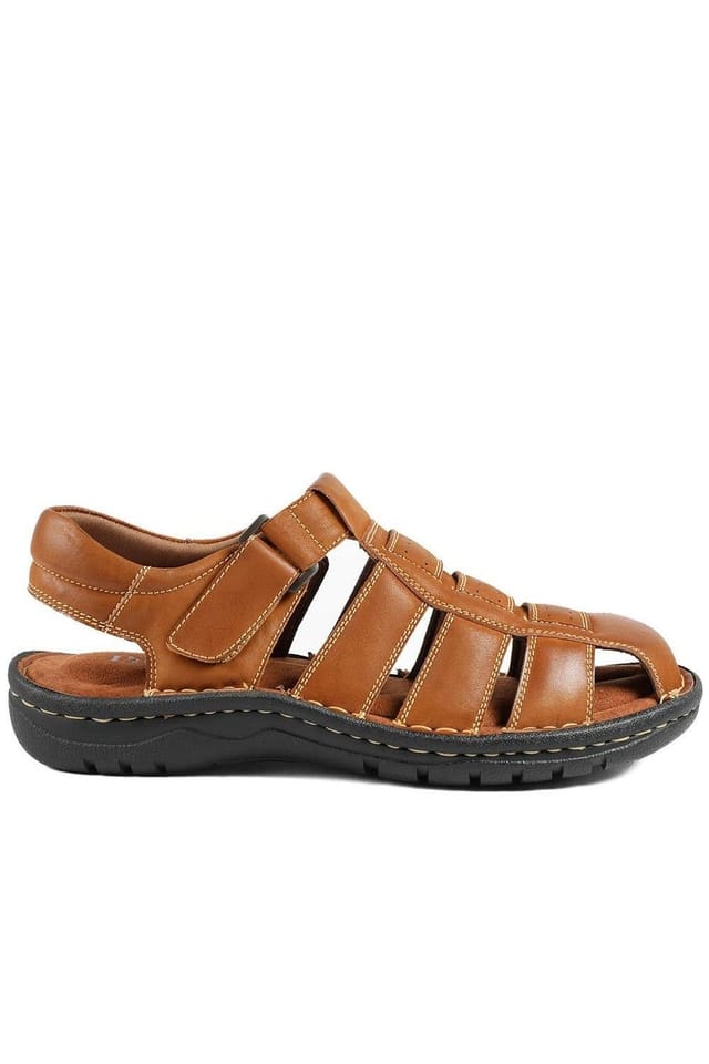 Pavers Pavers Men's Premium Leather Touch Fastening Sandals in Tan - 2