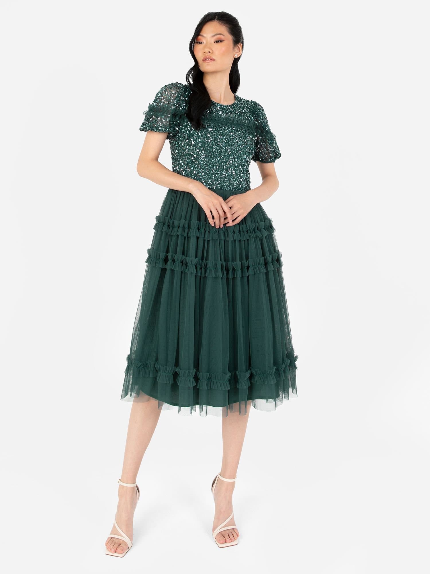 Maya Deluxe Maya Deluxe Women's Embellished Short Sleeve Midi Dress in Emerald
