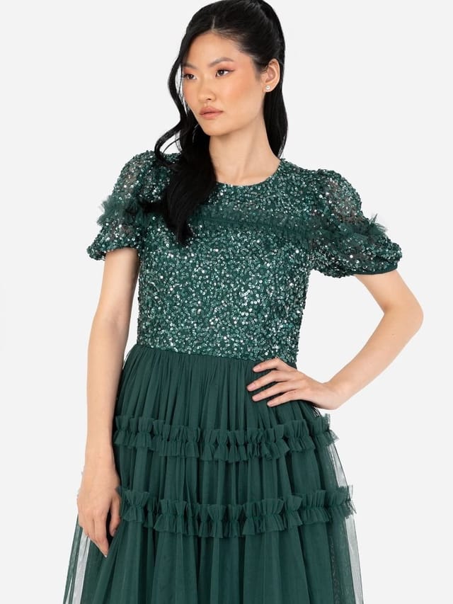 Maya Deluxe Maya Deluxe Women's Embellished Short Sleeve Midi Dress in Emerald - 2