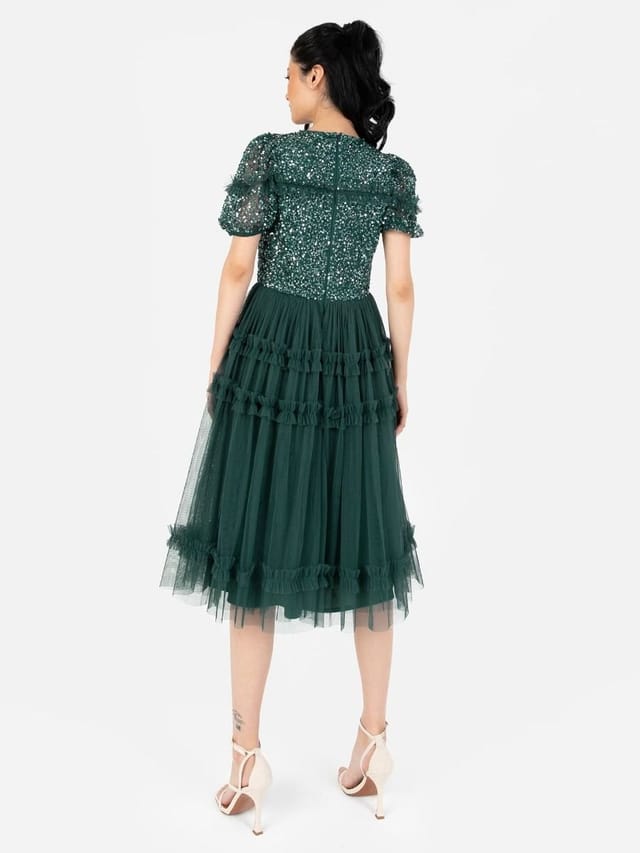 Maya Deluxe Maya Deluxe Women's Embellished Short Sleeve Midi Dress in Emerald - 3