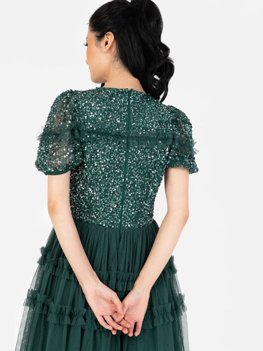 Maya Deluxe Maya Deluxe Women's Embellished Short Sleeve Midi Dress in Emerald - 4