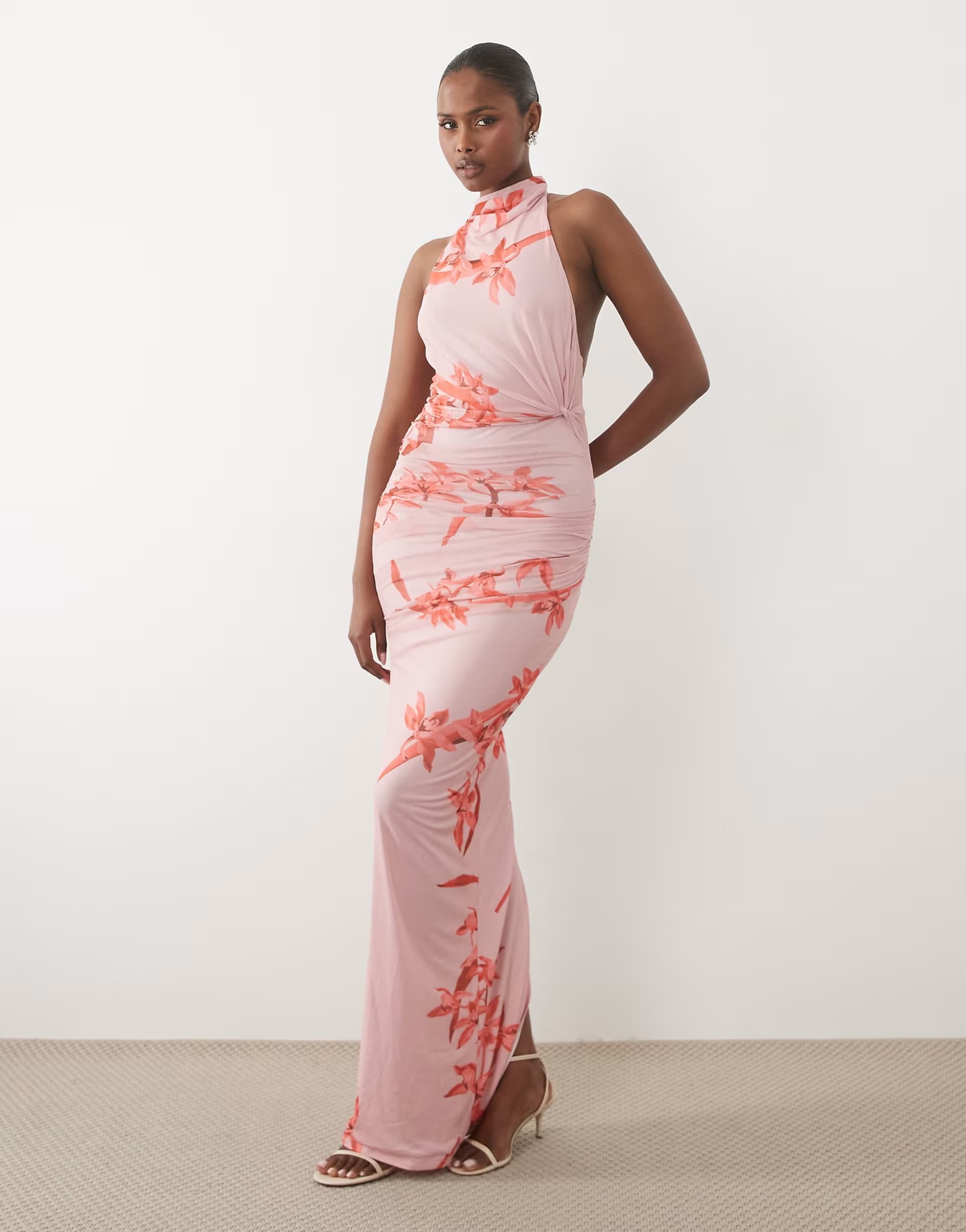 ASOS ASOS DESIGN mesh twist bust detail halter maxi dress with tie back neck in pink floral
