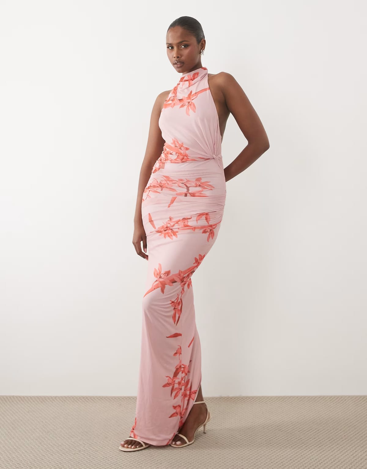 ASOS ASOS DESIGN mesh twist bust detail halter maxi dress with tie back neck in pink floral - 1
