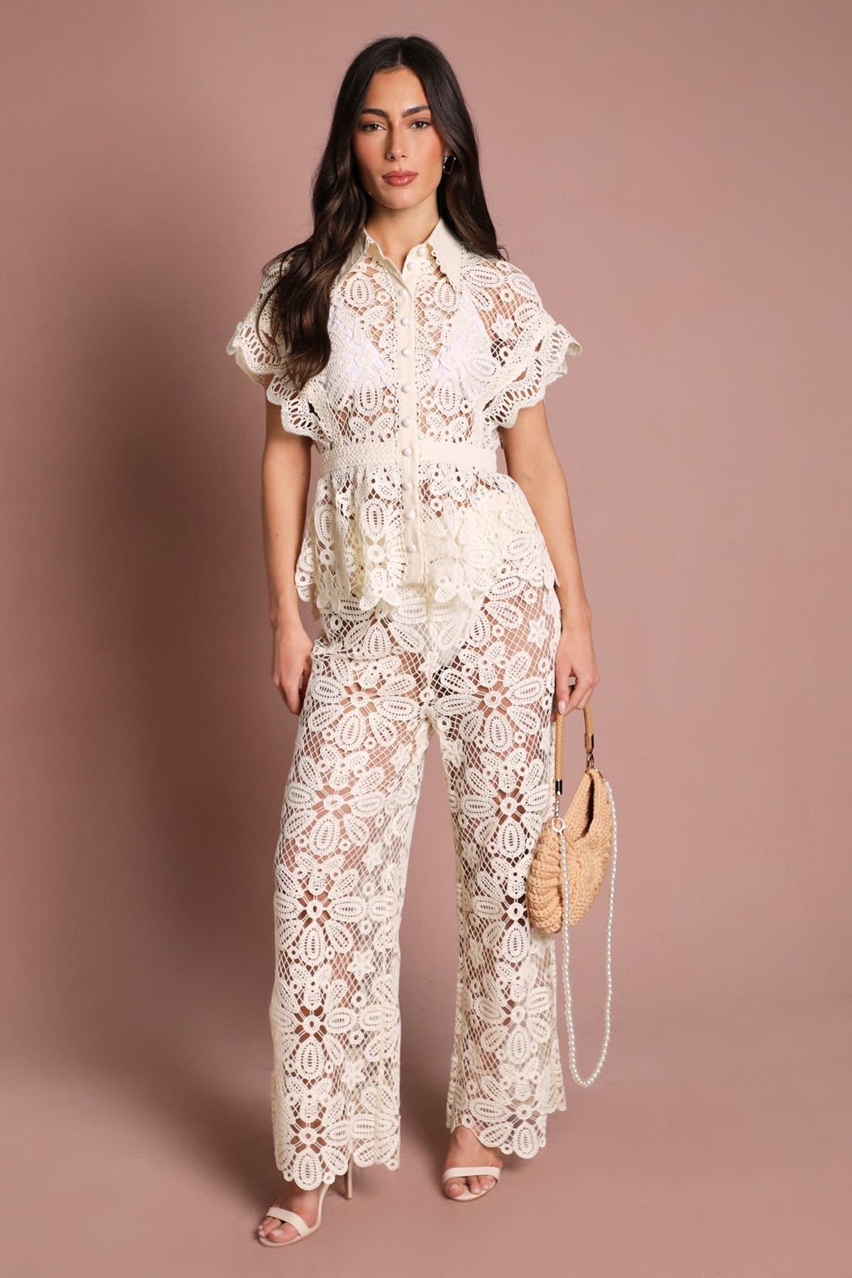 Coast Coast Women's Crochet Lace Pearl Button Wedding Blouse in Ivory