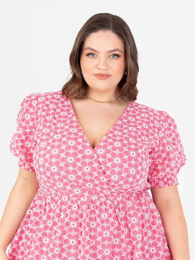 Lovedrobe Lovedrobe Women's Embroidered Short Sleeve Faux Wrap Mini Dress in Pink - 2