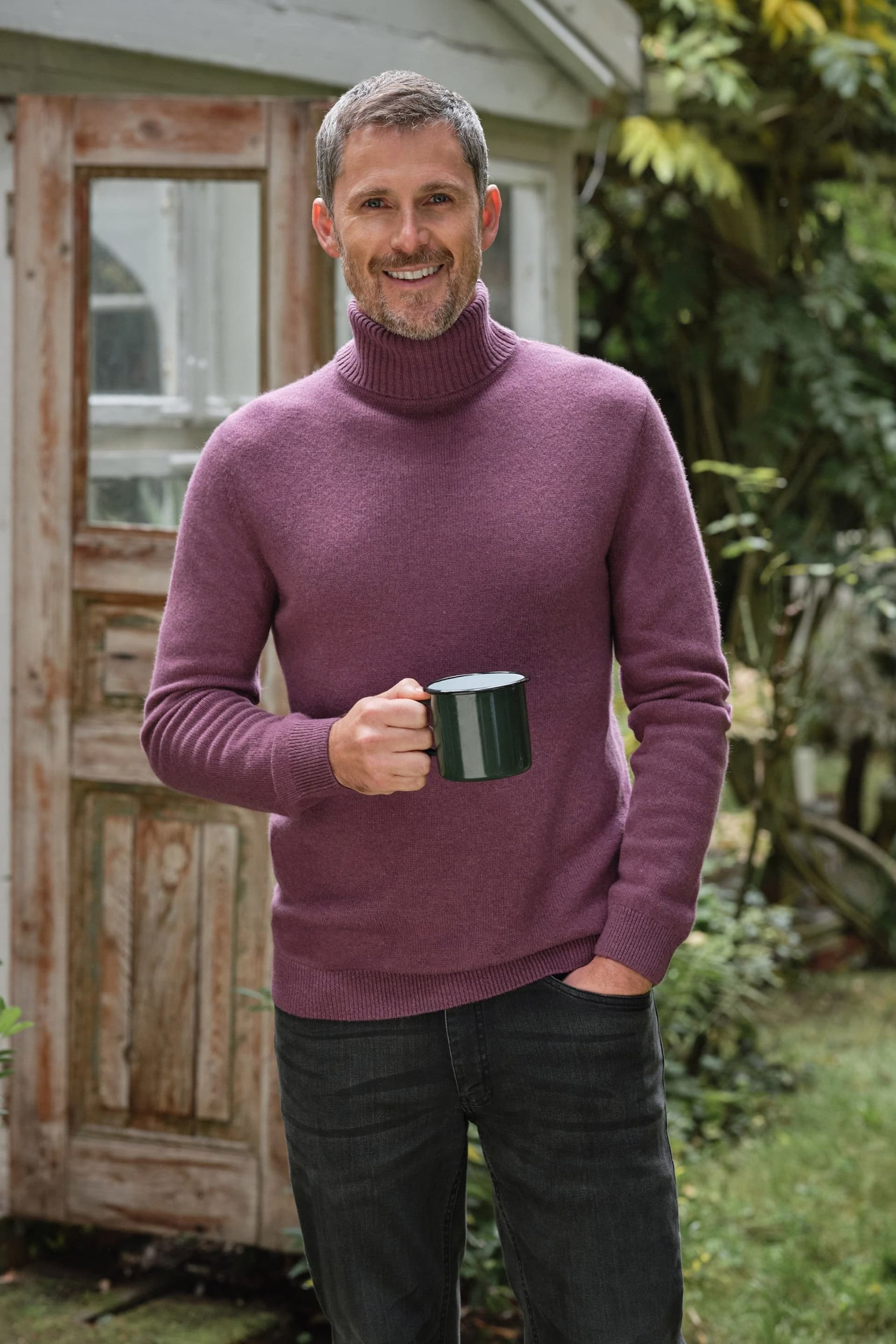 WoolOvers WoolOvers Men's Mens Lambswool Polo Neck Jumper in Plum