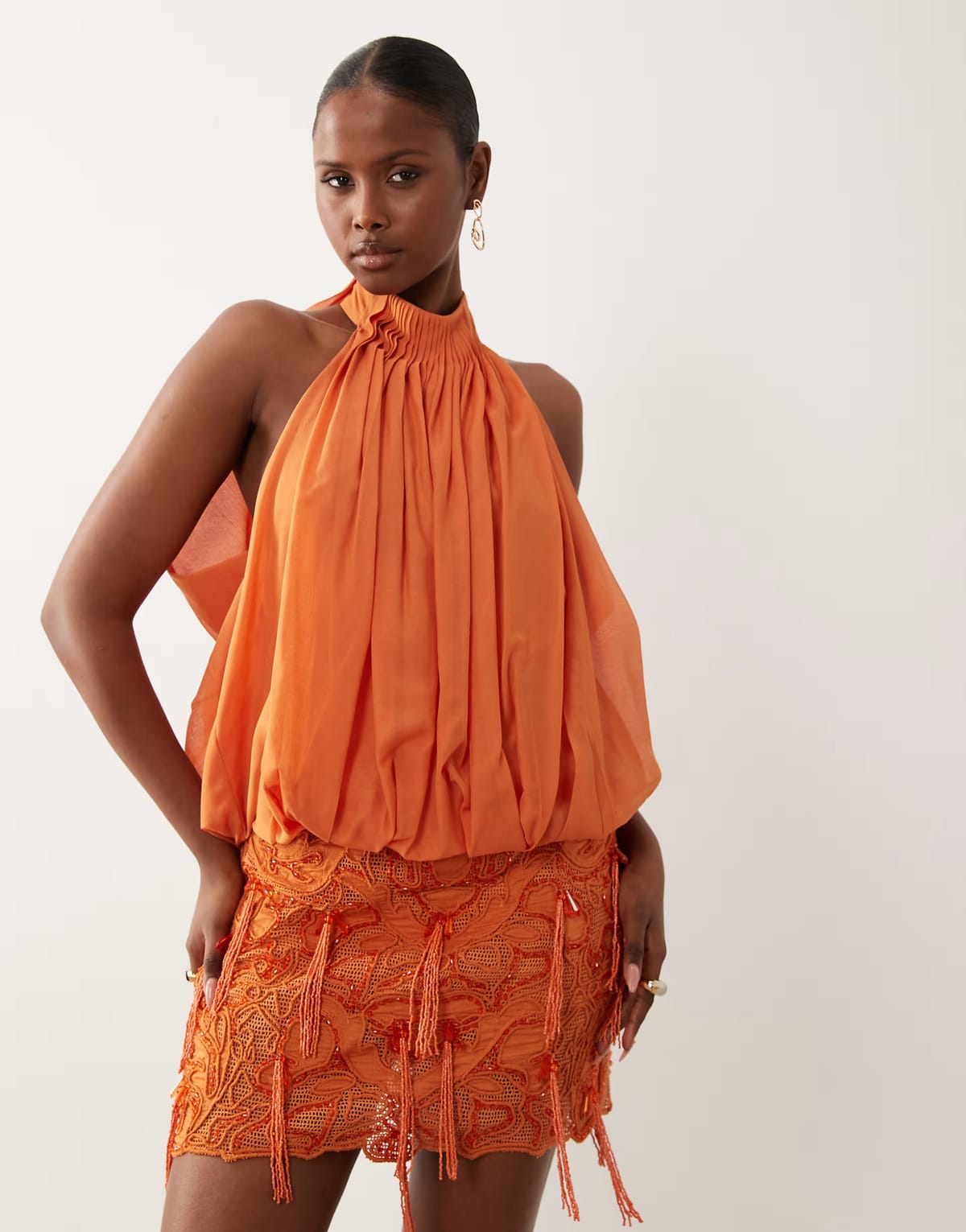 ASOS ASOS DESIGN pleated halter neck draped embellished mini dress in orange - 1