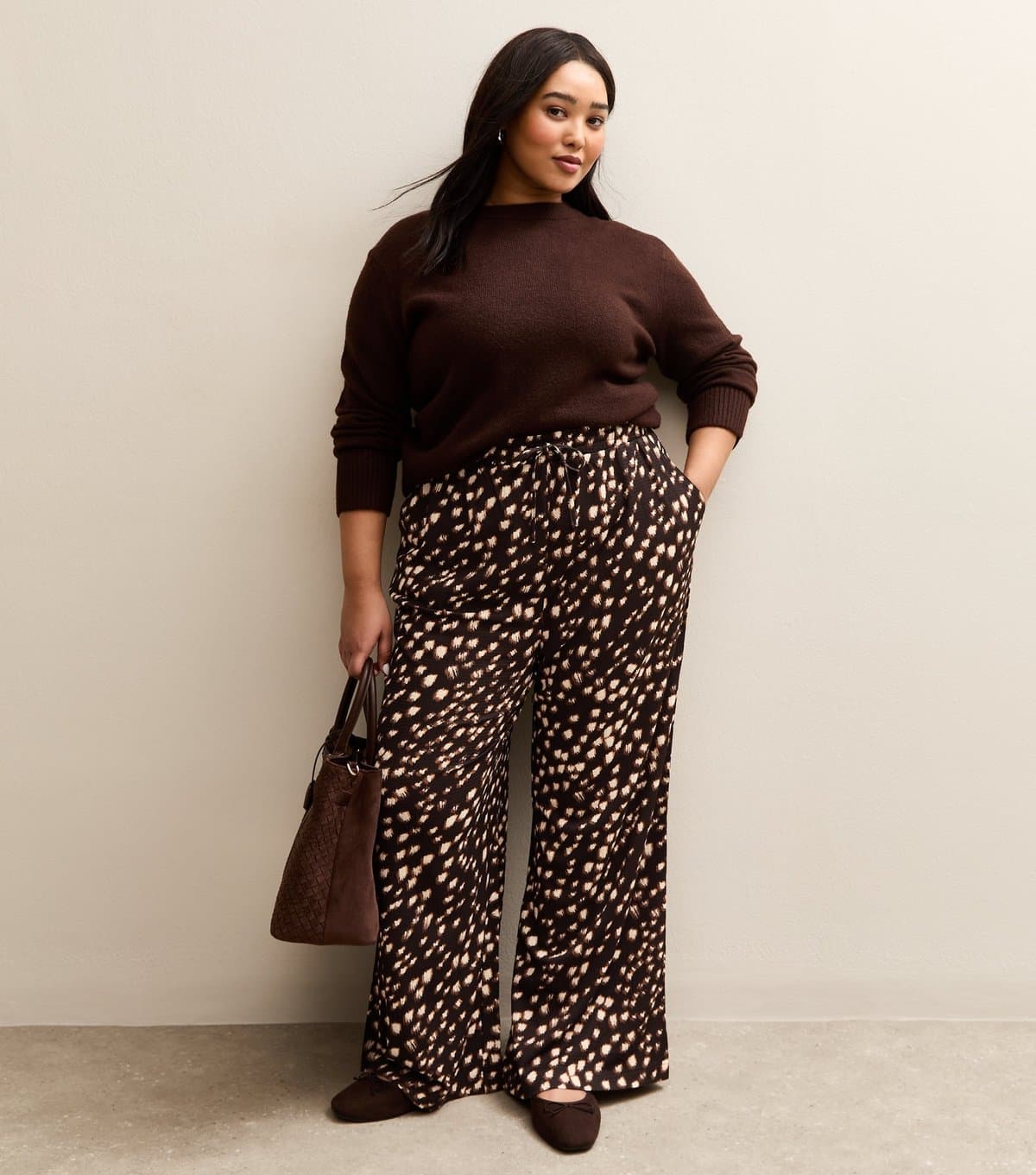 New Look Women's Plus Size Brown Patterned Wide Leg Trousers Curves New Look