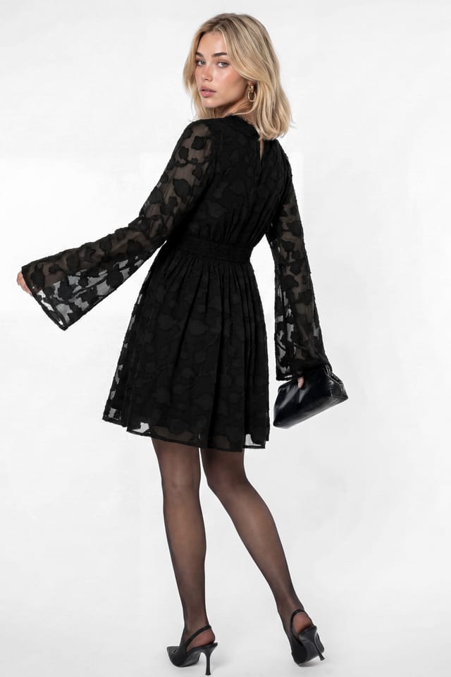 Lovedrobe Lovedrobe Women's Floral Burnout Lace Detail Long Sleeve Mini Dress in Black - 2