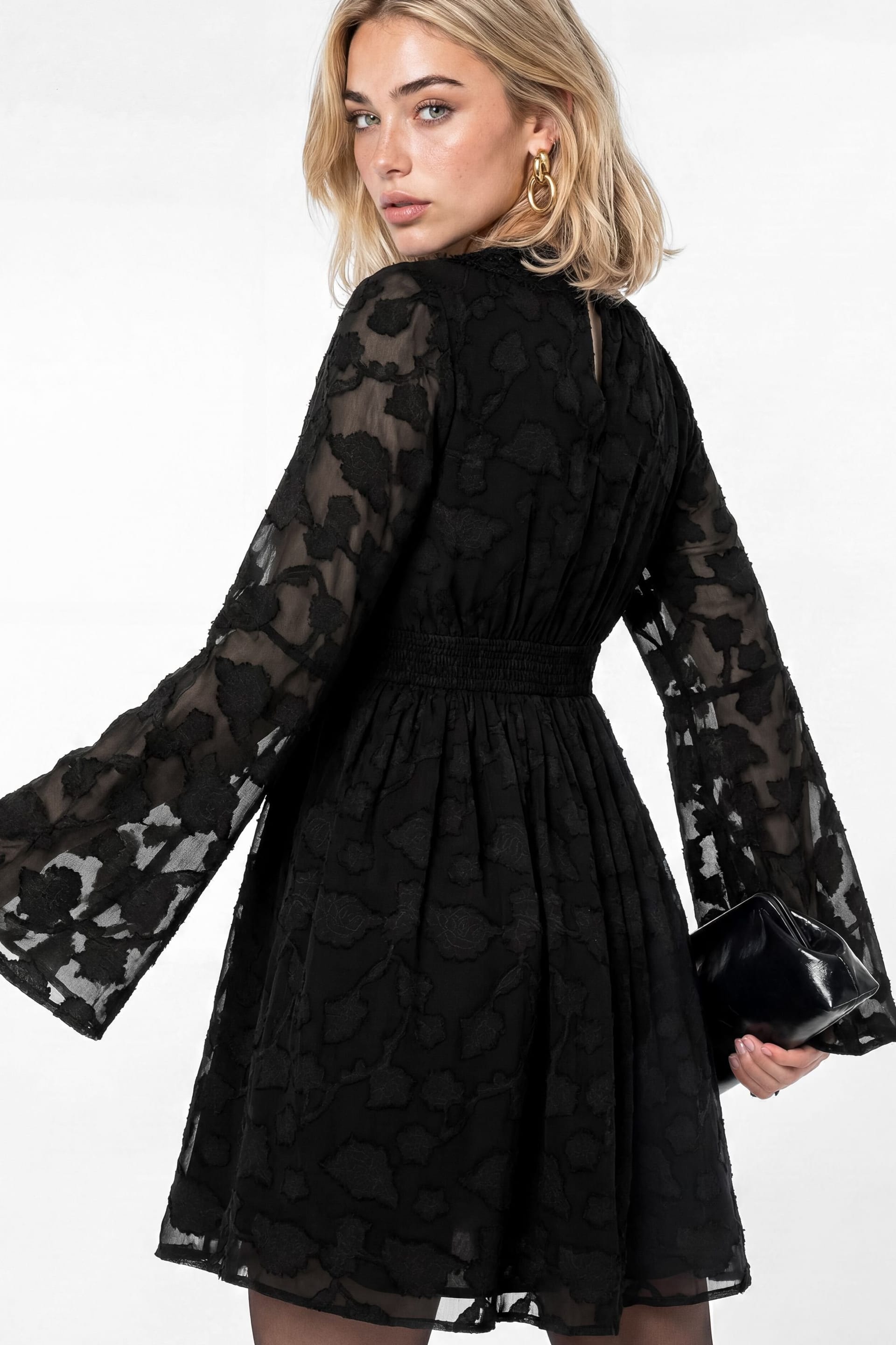 Lovedrobe Lovedrobe Women's Floral Burnout Lace Detail Long Sleeve Mini Dress in Black - 4