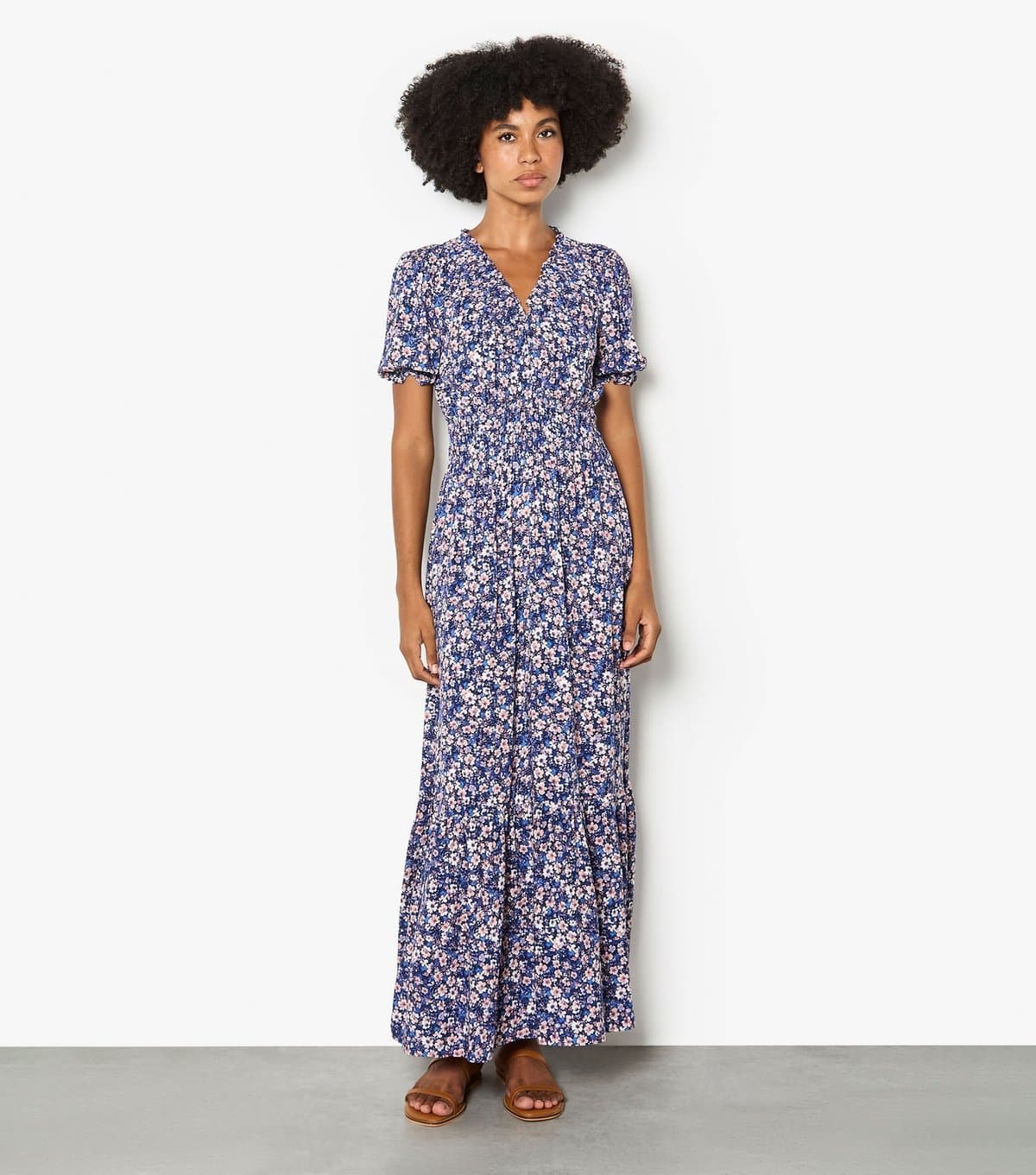 Apricot Women's Blue Smock V Neck Floral Maxi Dress Apricot New Look