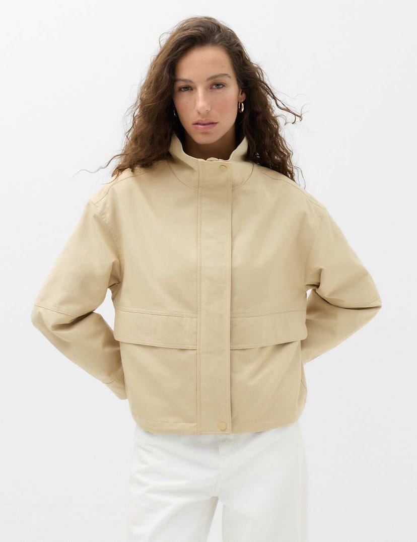 Marks & Spencer M&S Cotton Rich Funnel Neck Parka Coat Beige - 1