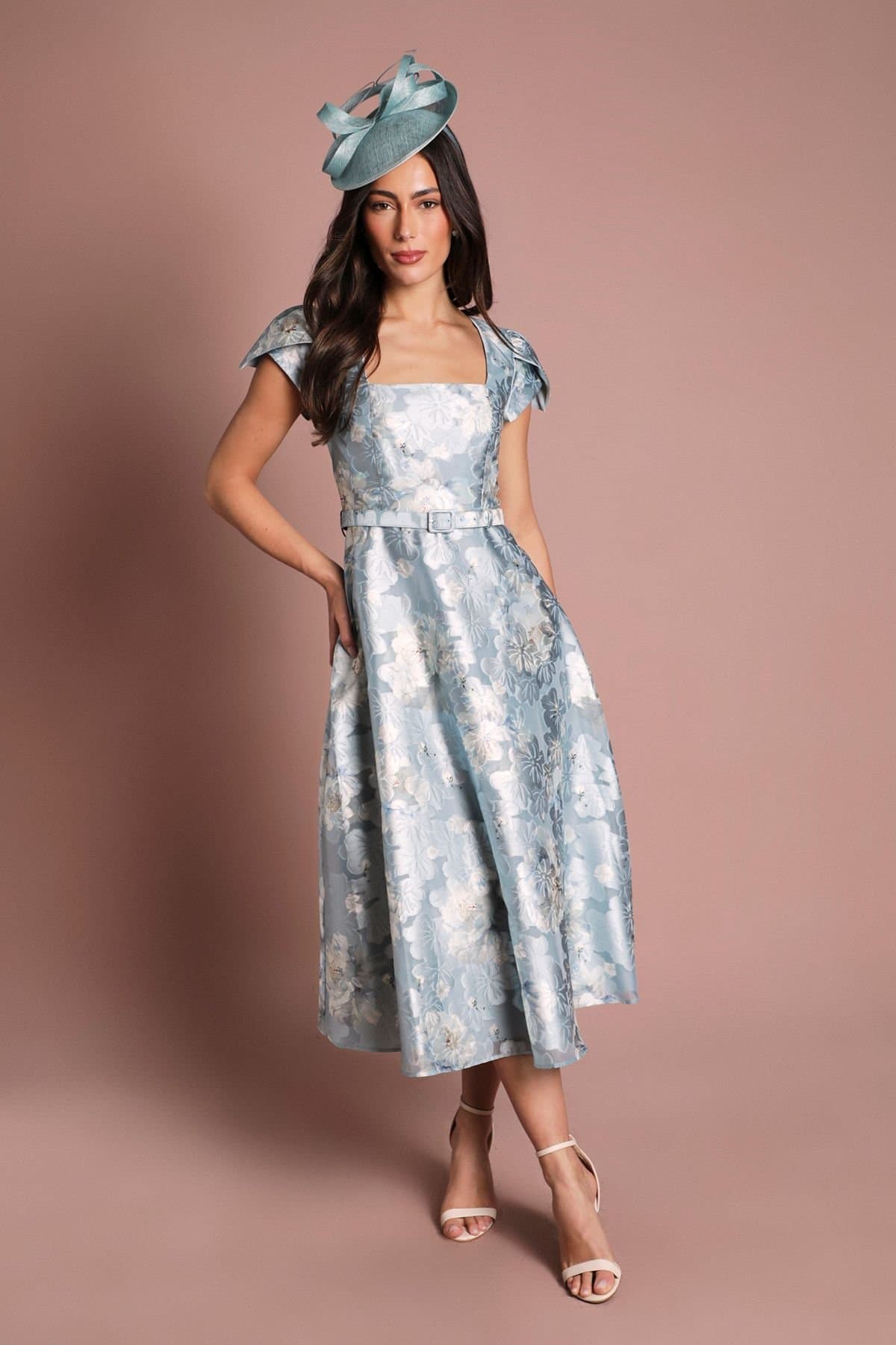 Coast Coast Women's Printed Cap Sleeve Square Neck Belted Midi Dress in Pale Blue