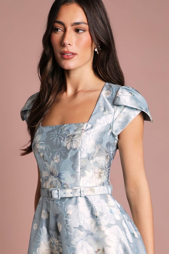 Coast Coast Women's Printed Cap Sleeve Square Neck Belted Midi Dress in Pale Blue - 2