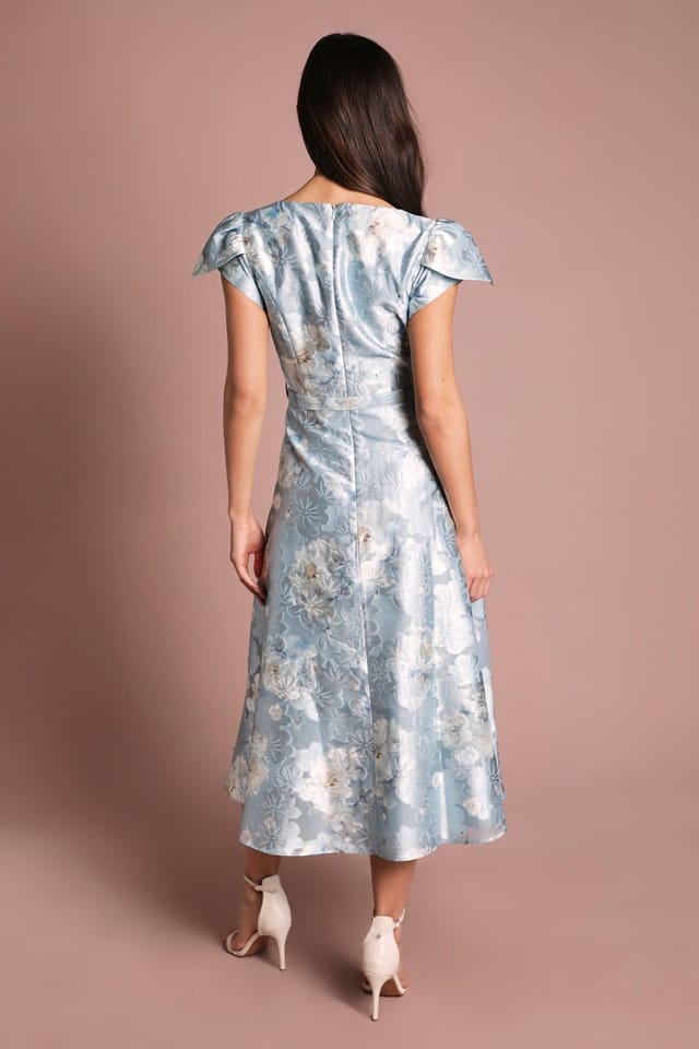 Coast Coast Women's Printed Cap Sleeve Square Neck Belted Midi Dress in Pale Blue - 3