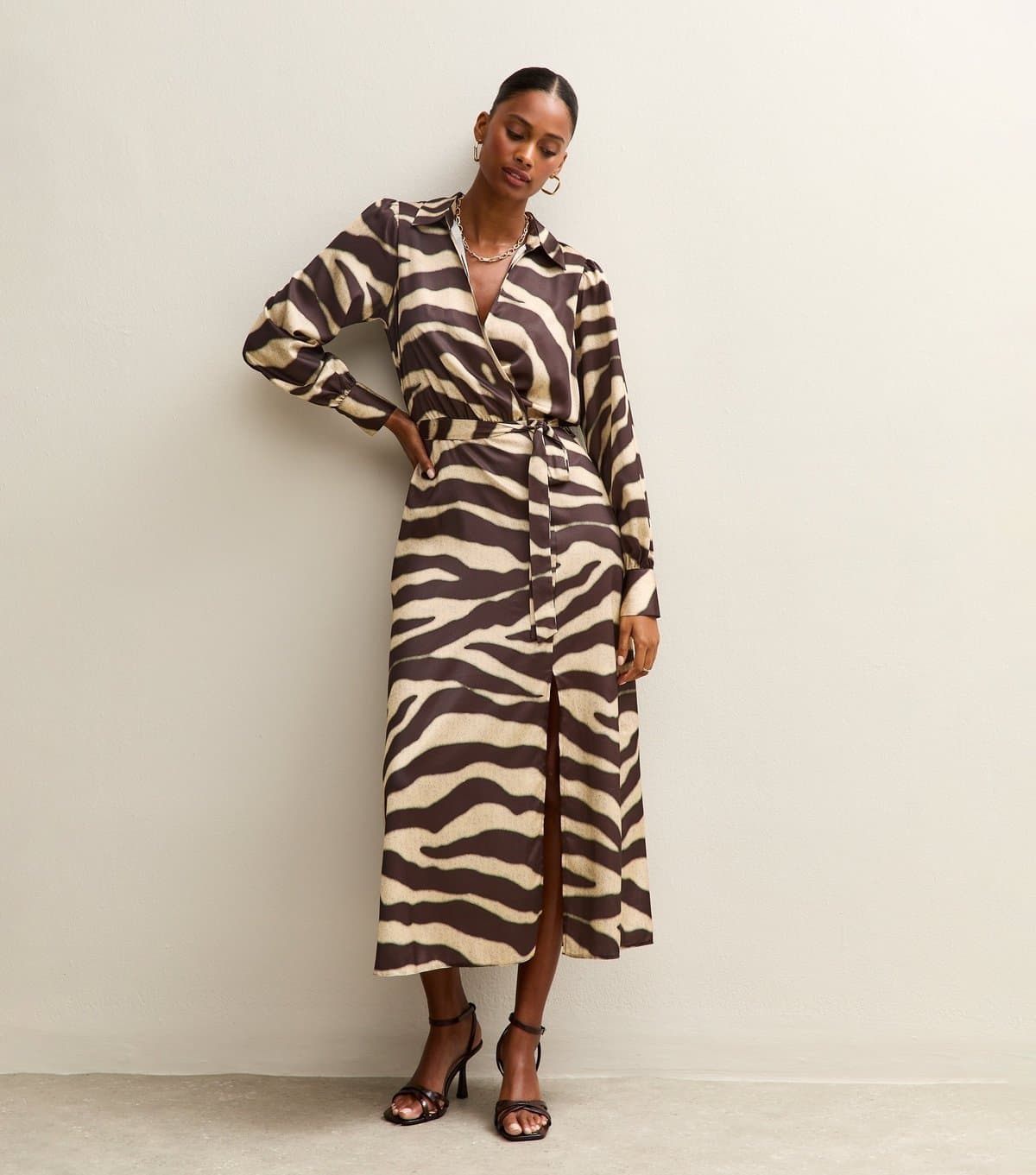 New Look Women's Brown Zebra Print Satin Wrap Midi Dress New Look