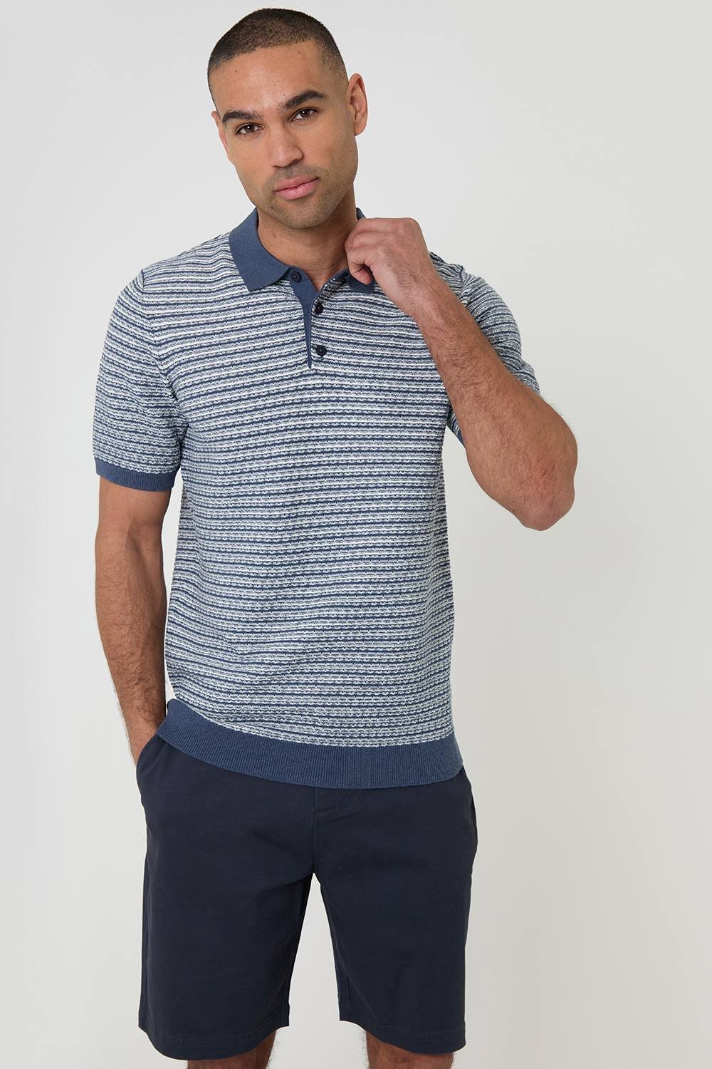 Threadbare Threadbare Men's Textured Stripe Short Sleeve Knitted Polo in Blue - 2