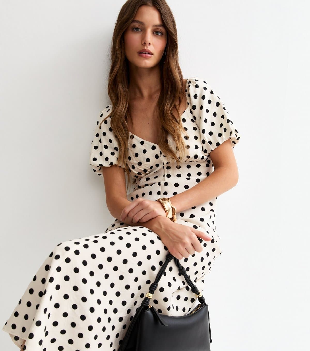 New Look Women's Cream Polka Dot Puff Sleeve Midi Dress New Look
