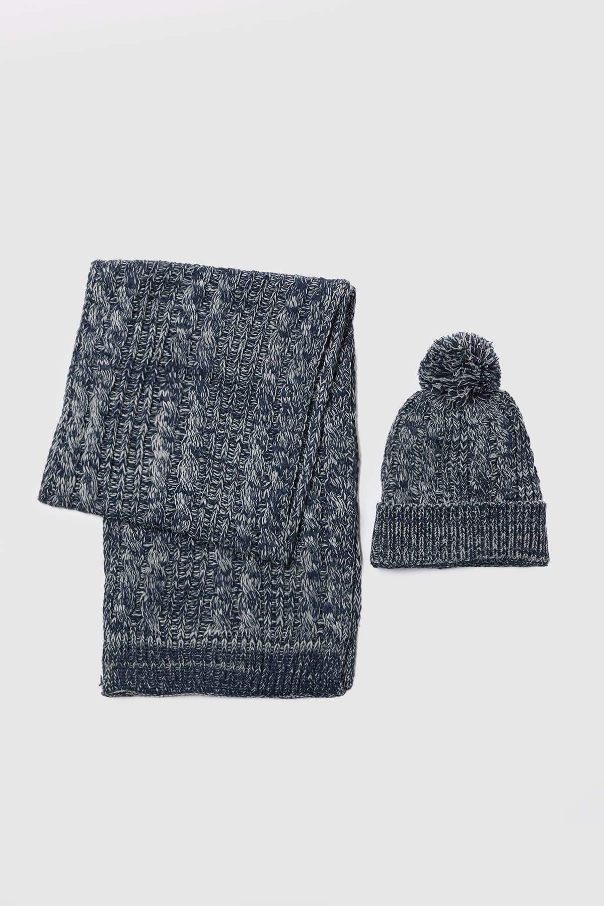 Maine Maine Men's Navy Marl Knitted Beanie & Scarf Set