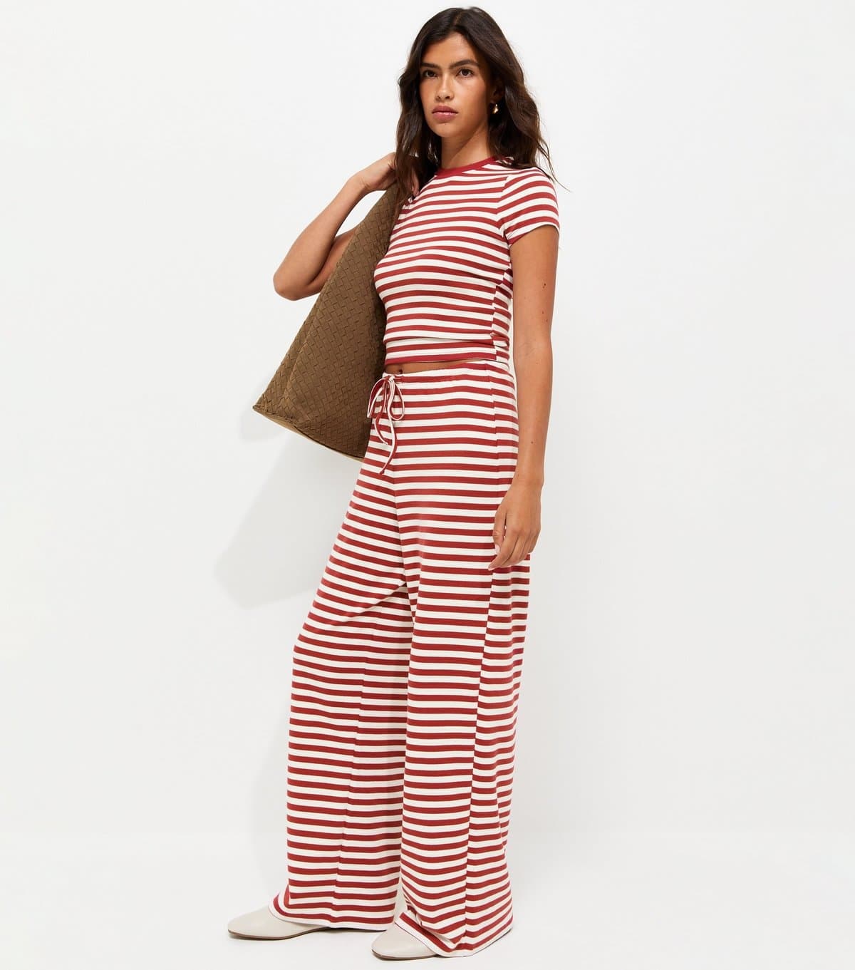New Look Women's Red Striped Drawstring Wide Leg Trousers New Look