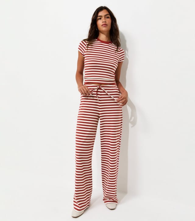 New Look Women's Red Striped Drawstring Wide Leg Trousers New Look - 2