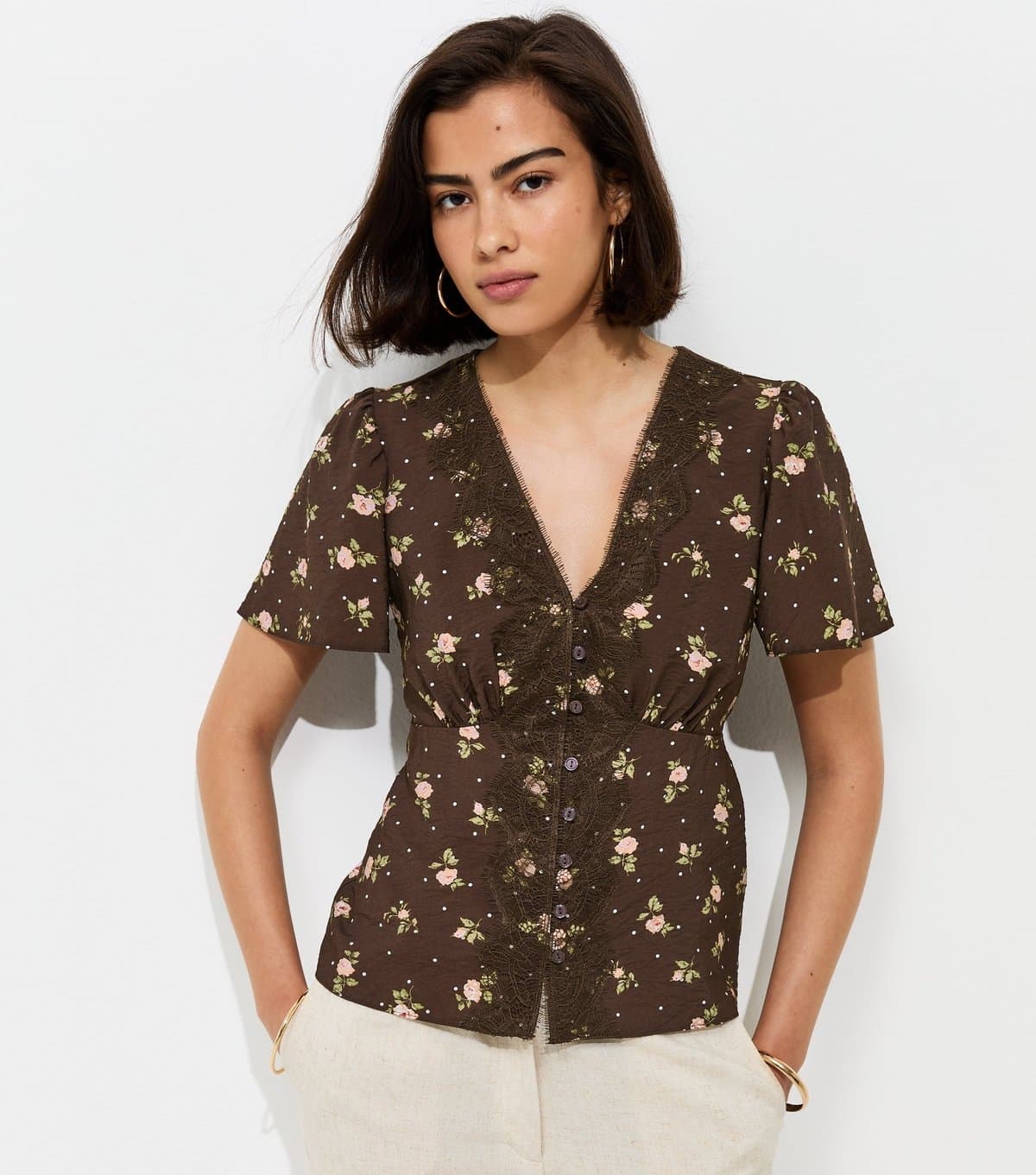 New Look Women's Brown Floral Spot Lace Trim Blouse New Look