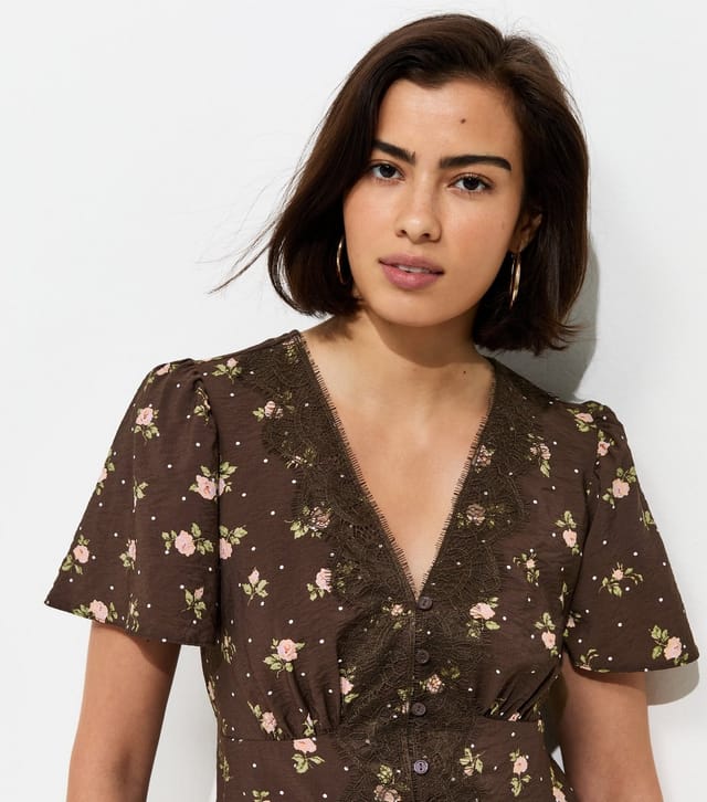 New Look Women's Brown Floral Spot Lace Trim Blouse New Look - 3