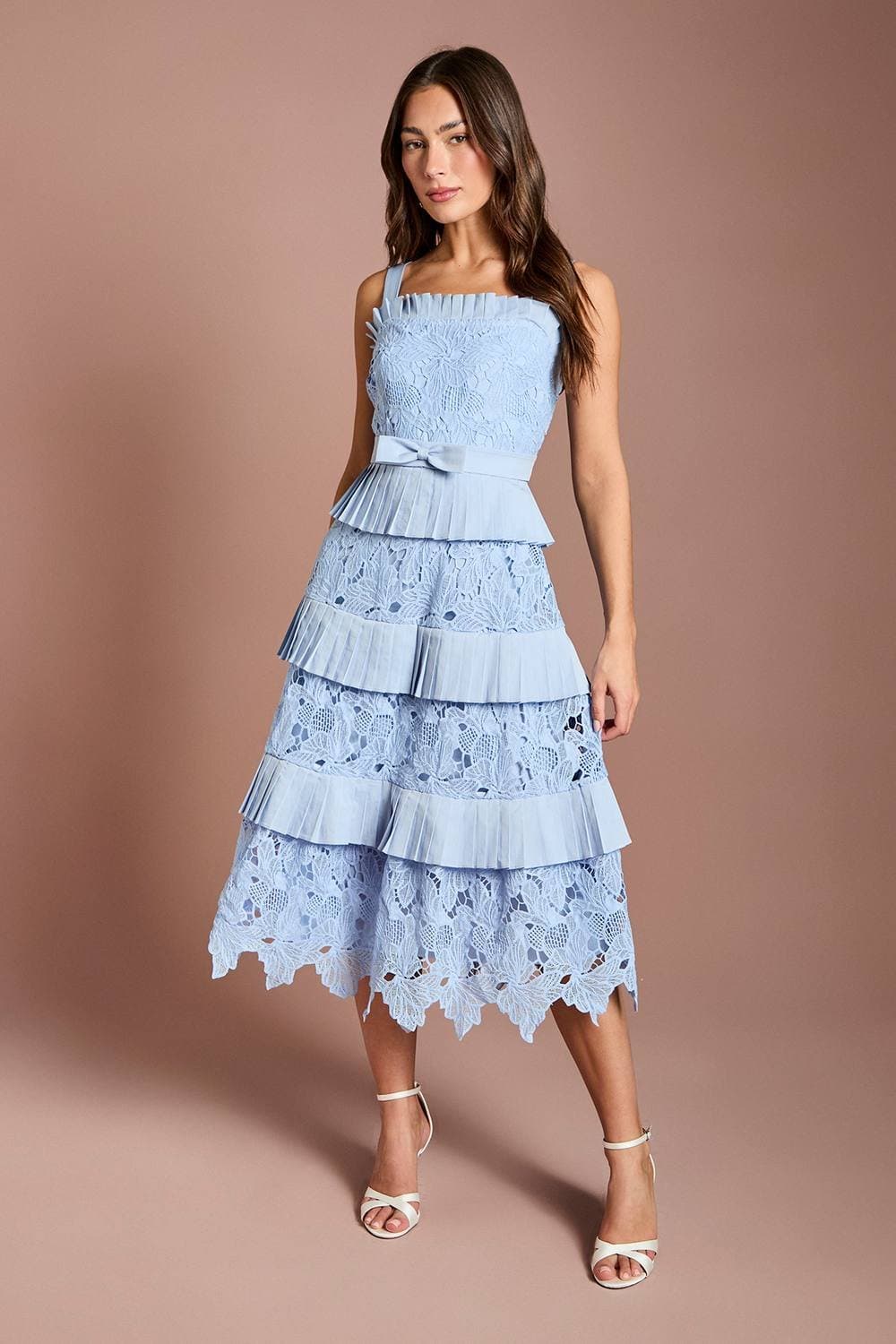 Coast Coast Women's Lace Tiered Detail Strappy Midi Dress in Cornflower Blue