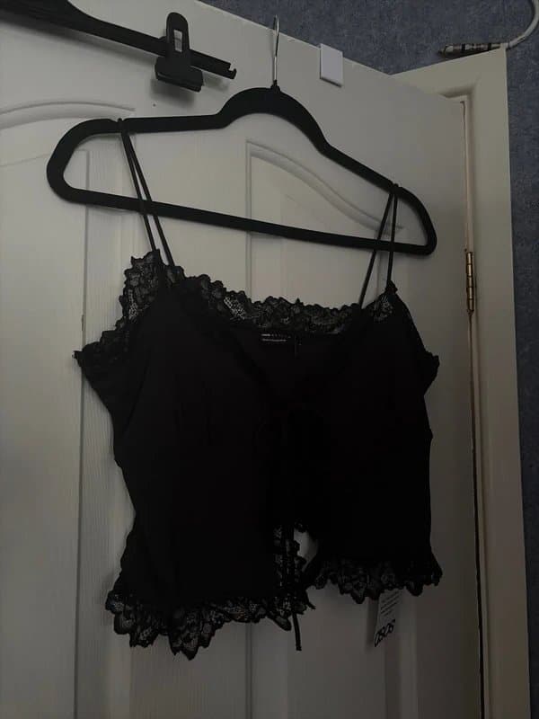 ASOS Asos slinky lace trim tie front top in black