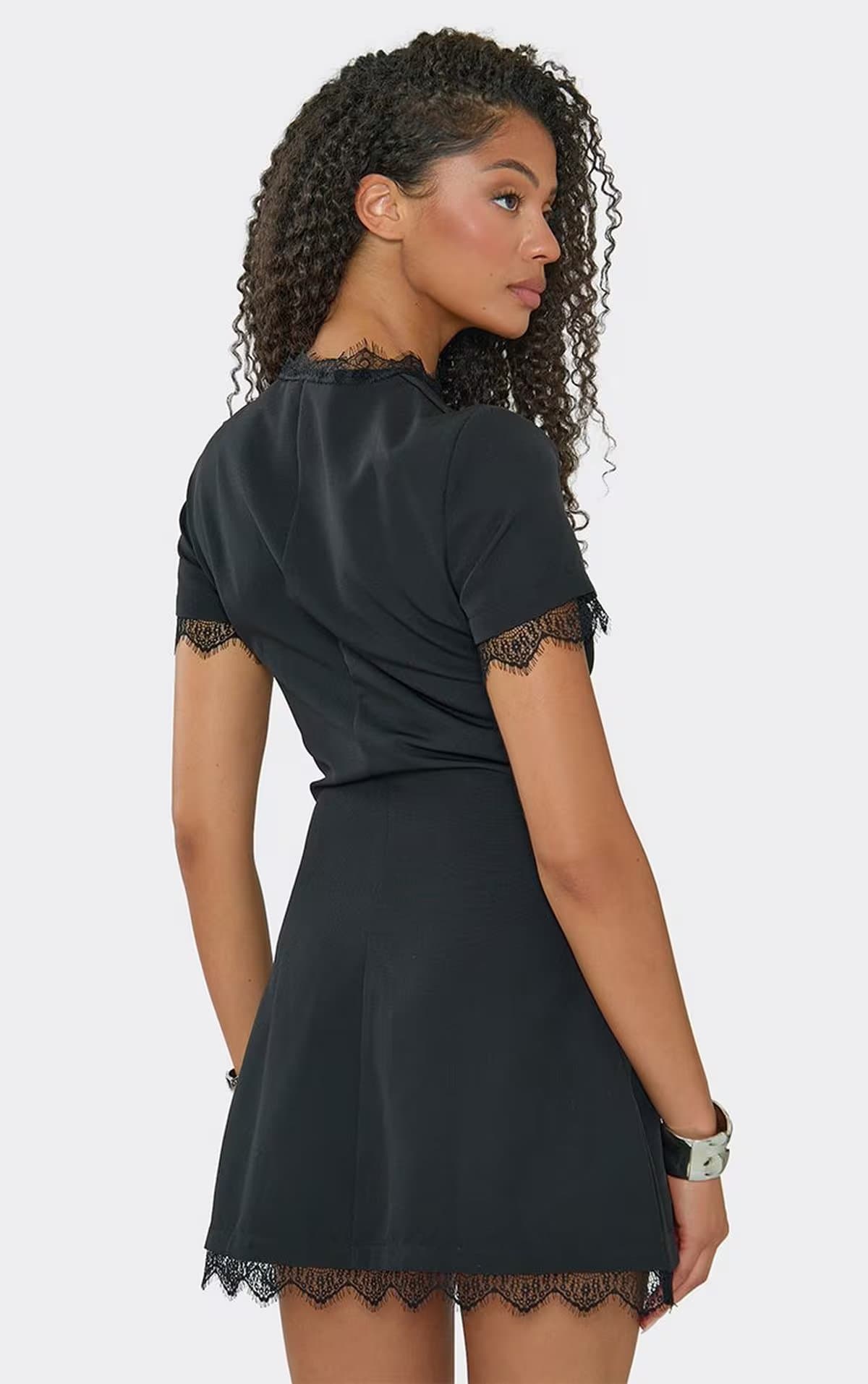 EGO Short Sleeve Lace Trim A-Line Cut Out Mini Dress In Black, Women's Size UK 6