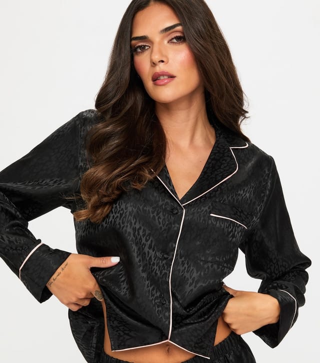 Ann Summers Women's Black Signature Satin Long Sleeve Top and Trouser Pyjama Set Ann Summers New Look - 2