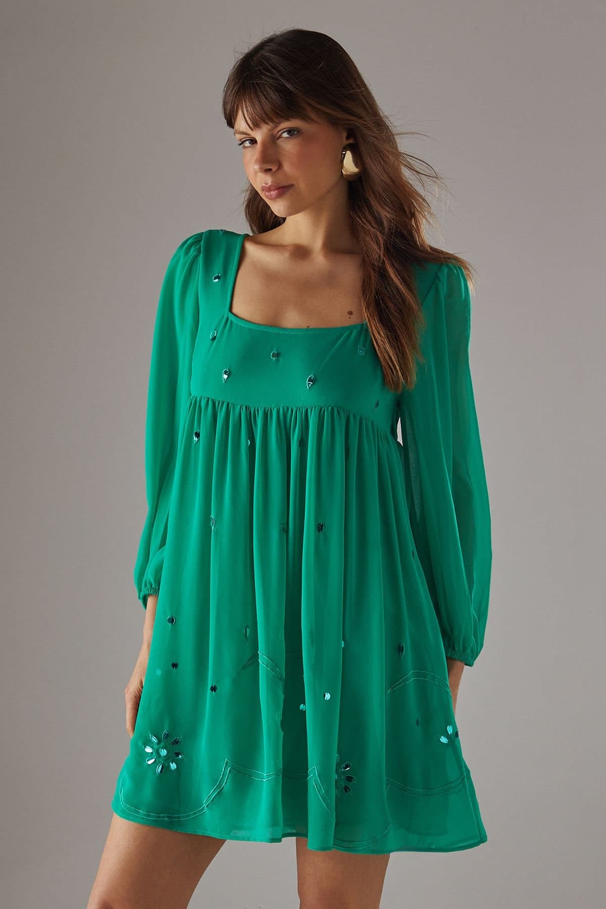 Warehouse Warehouse Women's Hand Embellished Sequin Square Neck Mini Dress in Green