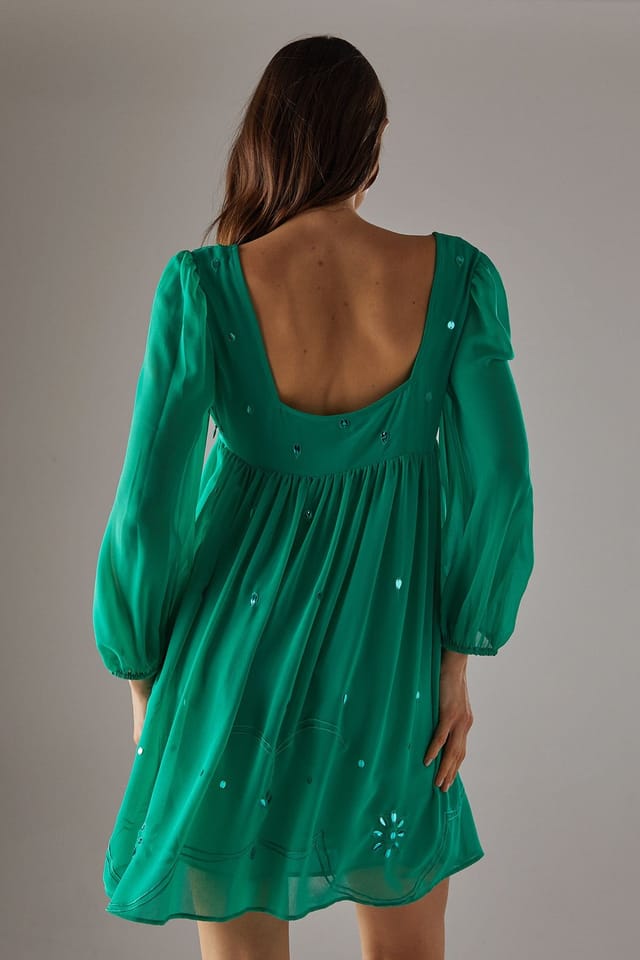 Warehouse Warehouse Women's Hand Embellished Sequin Square Neck Mini Dress in Green - 3