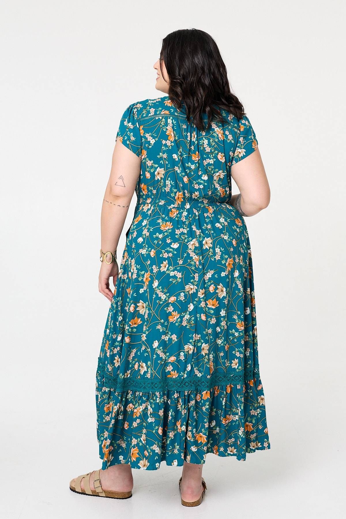 Izabel Curve Izabel Curve Women's Curve Floral Cap Sleeve Lace Maxi Dress in Green - 3