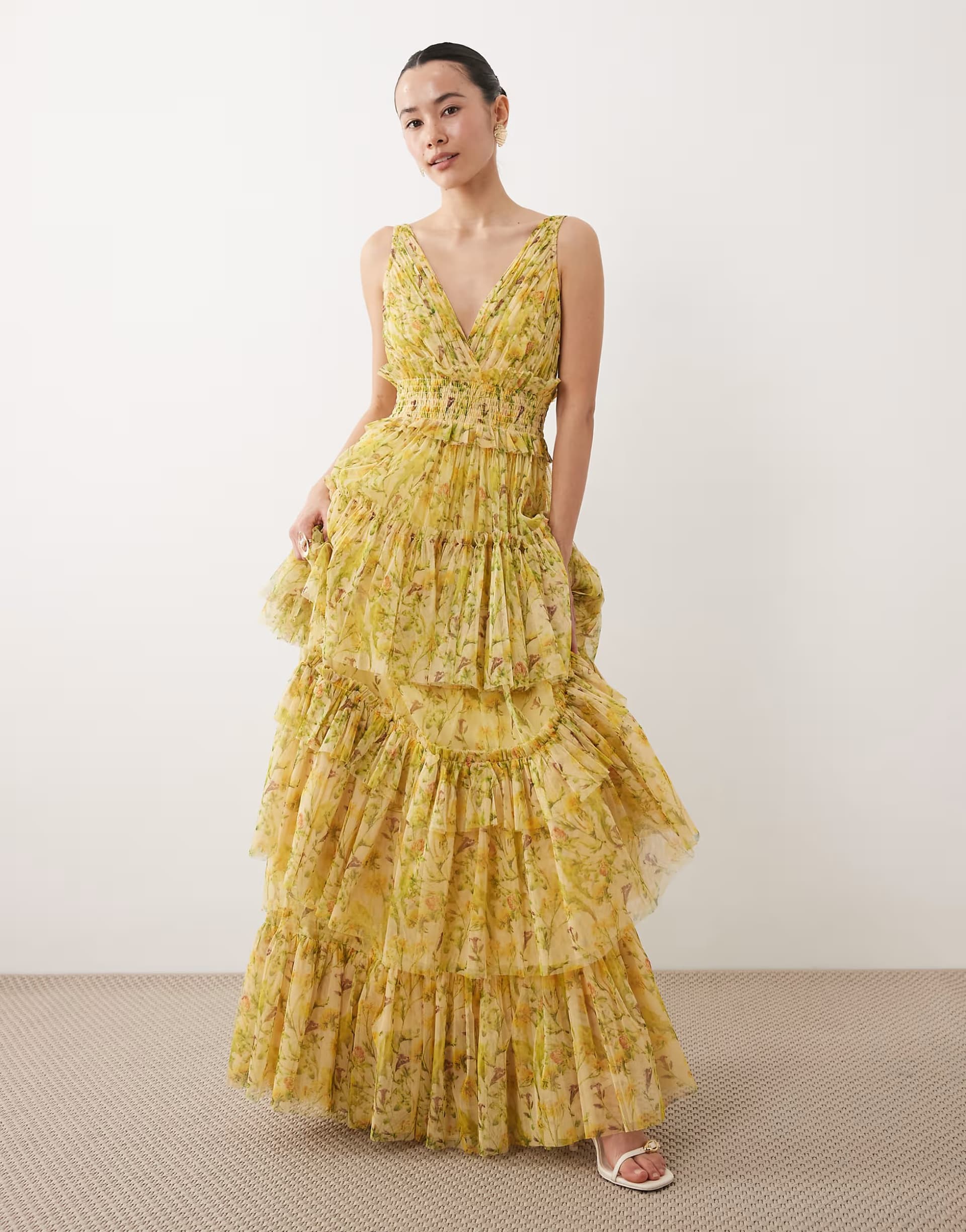 ASOS Lace & Beads Petite Luna tiered tulle maxi dress in yellow floral