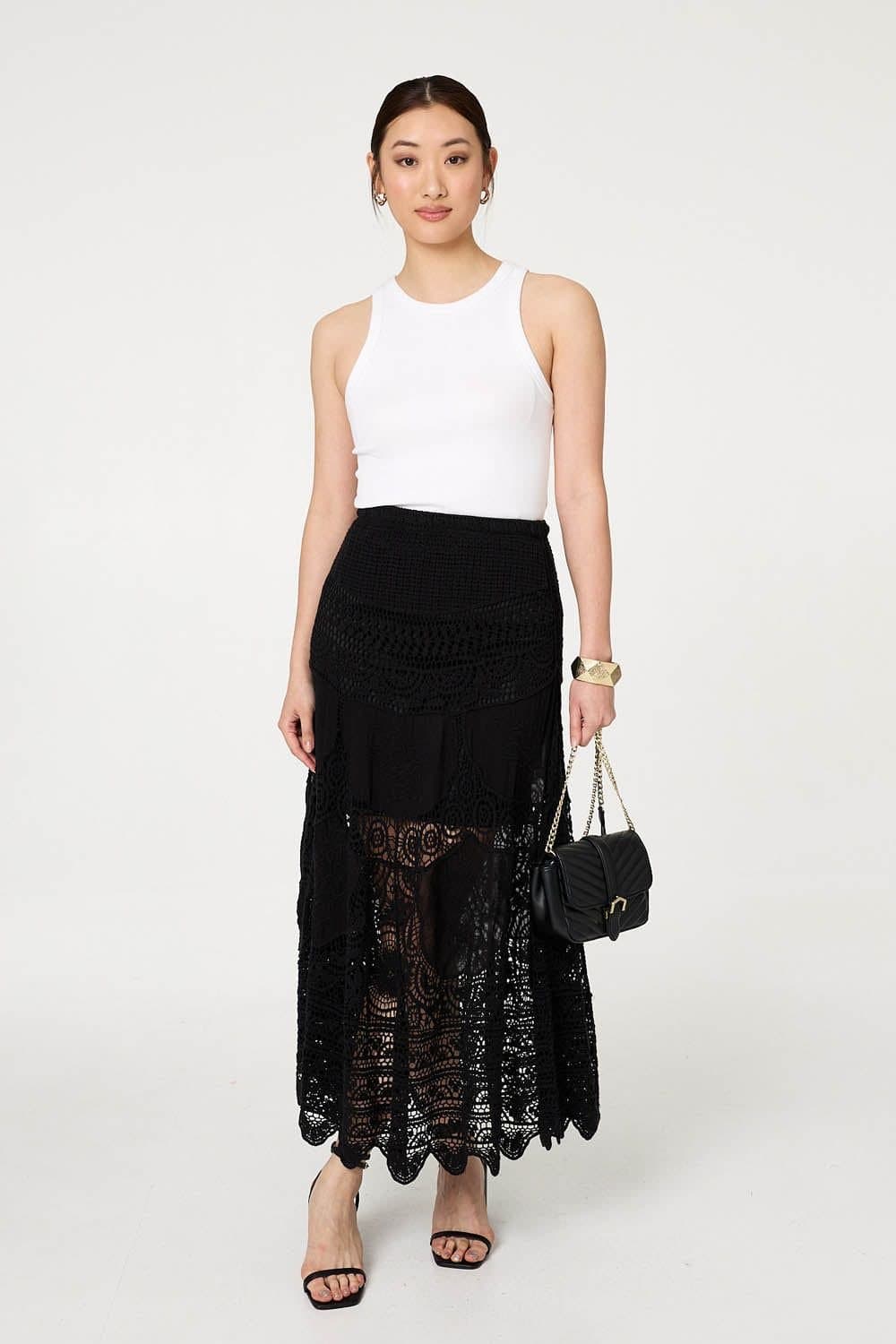 Izabel London Izabel London Women's Floral Crochet Mesh Layered Maxi Skirt in Black