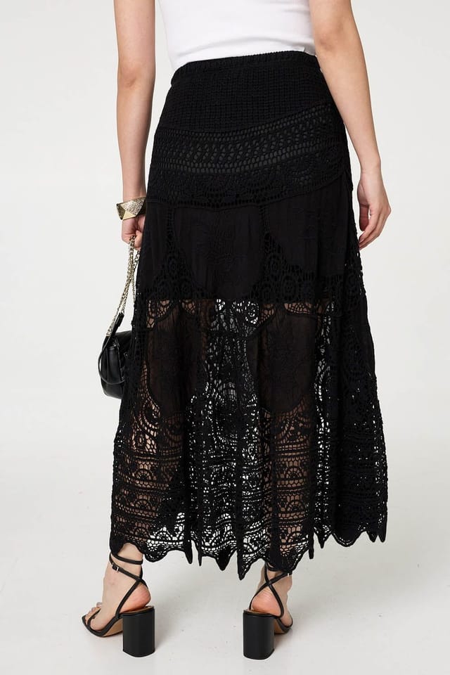Izabel London Izabel London Women's Floral Crochet Mesh Layered Maxi Skirt in Black - 2