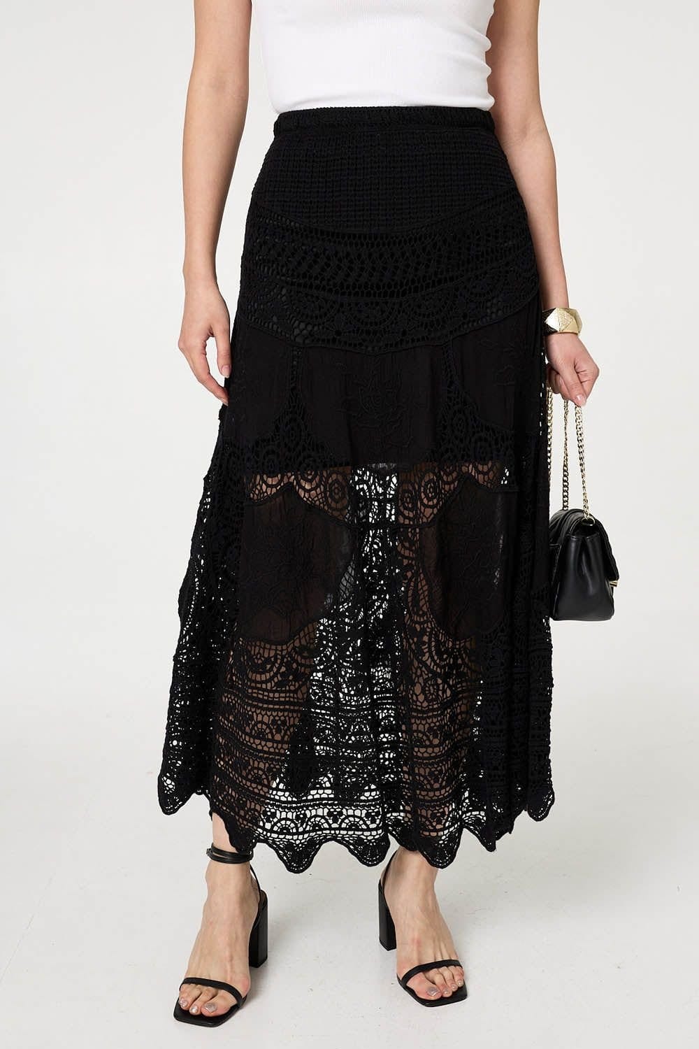 Izabel London Izabel London Women's Floral Crochet Mesh Layered Maxi Skirt in Black - 4
