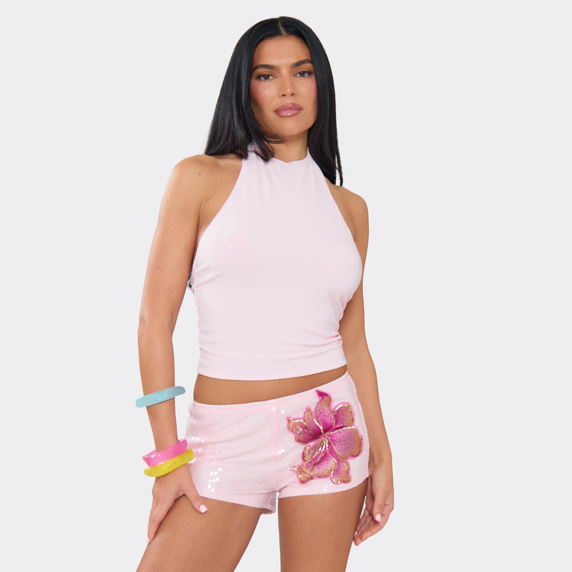 EGO Low Rise Floral Detail Hot Pants In Pink Sequin, Women's Size UK 6