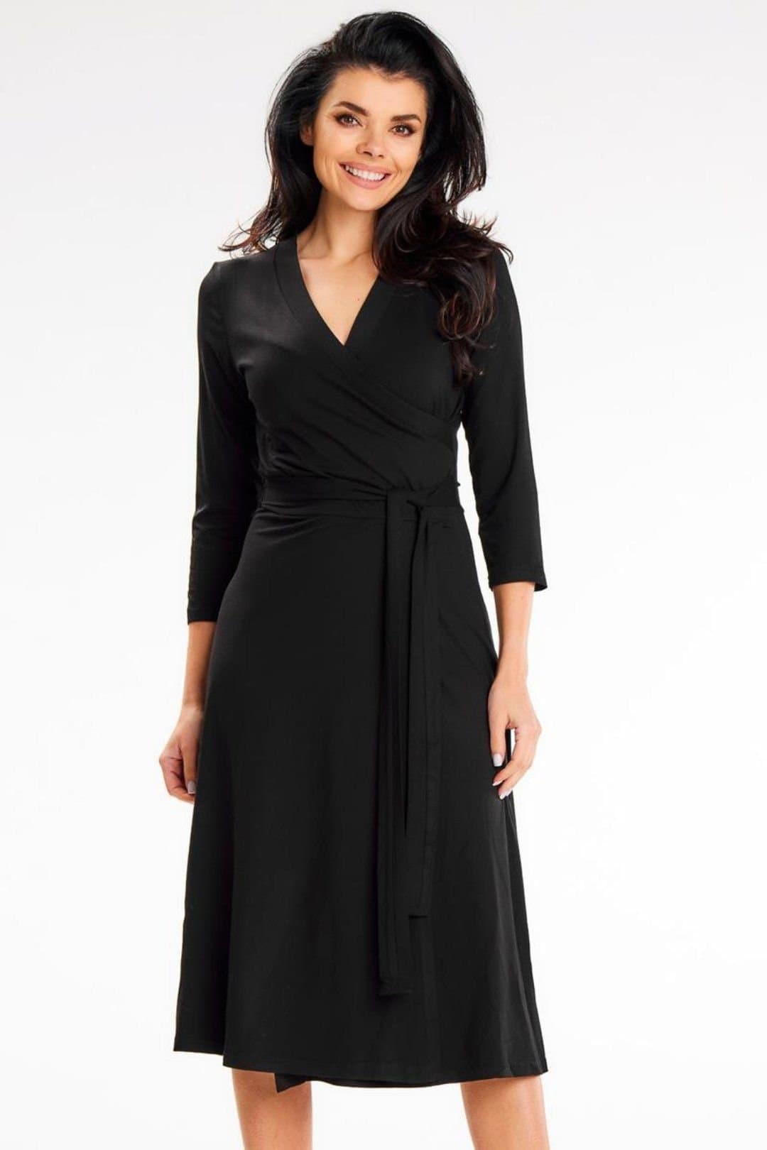 Love Lace Love Lace Women's Belted Envelope Dress with 3/4 Sleeves in Black