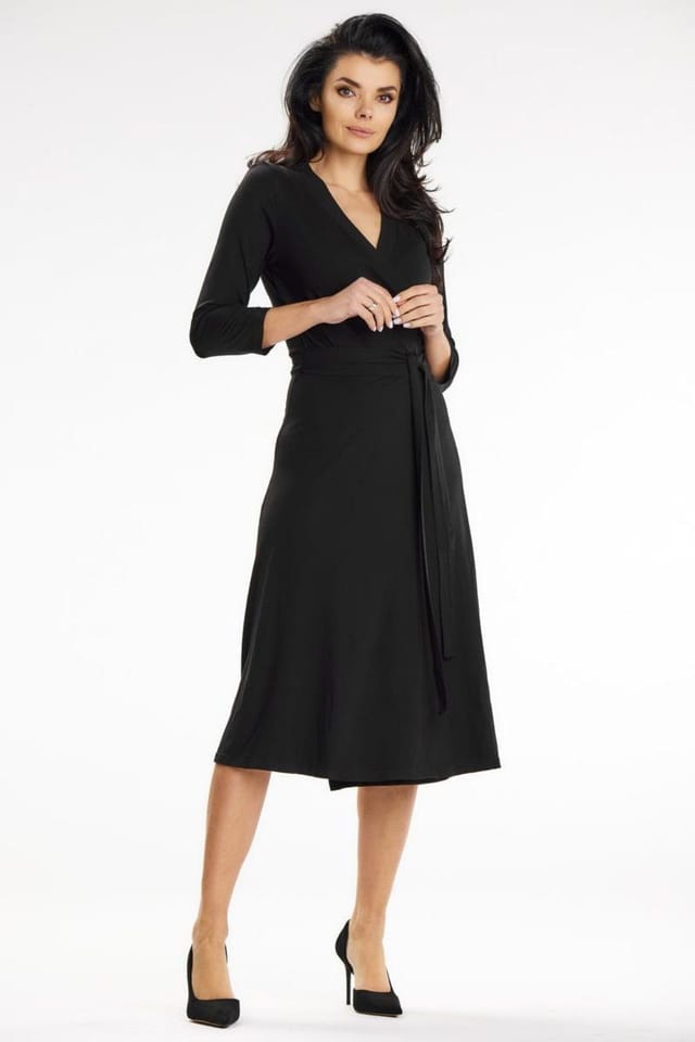 Love Lace Love Lace Women's Belted Envelope Dress with 3/4 Sleeves in Black - 2